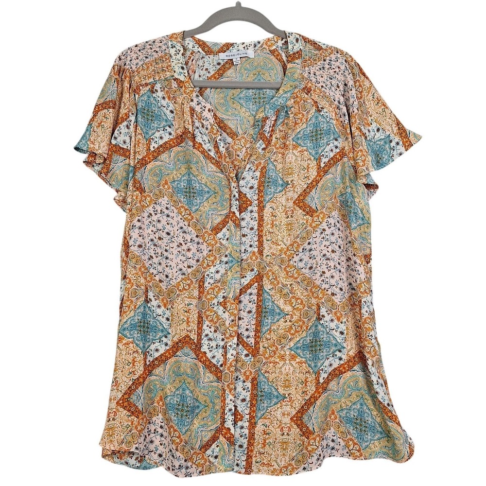 Rose + Olive Blouse Womens 1X Orange Blue Patchwork Paisley Boho Flutter Sleeve